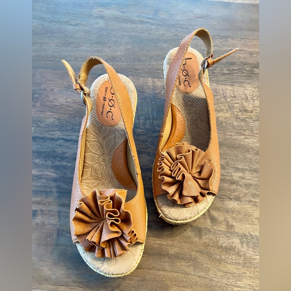 b.o.c. Tan Espadrille Wedge Sandals with Rosette Accent